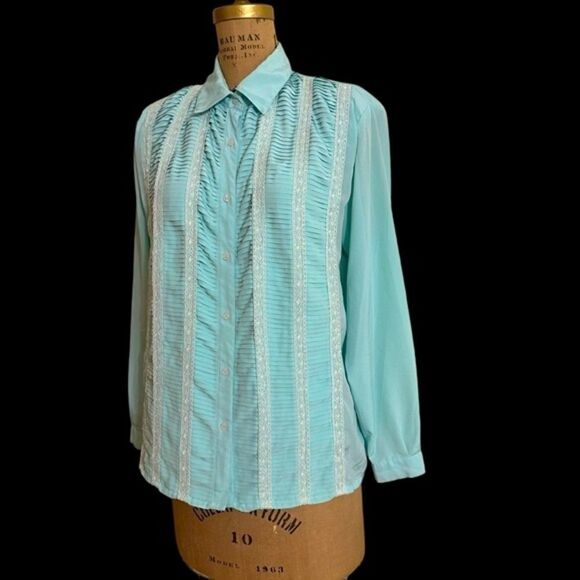 Vintage Susan Hutton Mint Green Pleat and lace detail long sleeve blouse size 14 - Picture 3 of 11